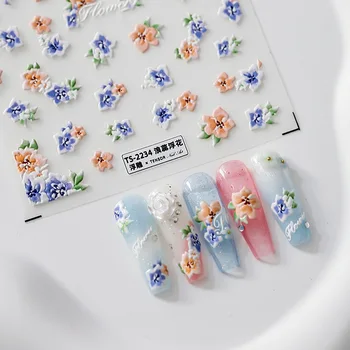 1 Sayfalık 5D Gerçekçi Kabartma Canlı Kontrast Renkler Ercik Beyaz Çiçekler Yapışkanlı Nail Art Etiketler Çıkartmaları Manikür Takılar