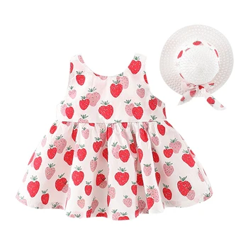 2 Parça Yaz Elbiseler Toddler Kız Kıyafetler Kore Sevimli Baskı Kolsuz Pamuk Bebek Plaj Elbise + Sunhat Yenidoğan Giysileri 2120-1