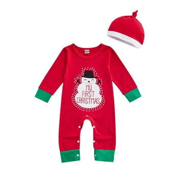 2021 0-24M Sevimli Bebek Bebek Kız Erkek Romper İlk Noel Mektubu Kardan Adam Baskı Uzun Kollu Yuvarlak Boyun Kırmızı Tulum Üst + Şapka