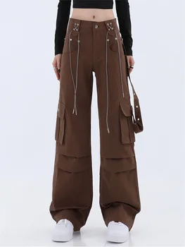 2022 Yeni Stil kadın Y2k Kahverengi Tulum Kot kadın Moda Pantolon Yüksek Bel Gevşek günlük pantolon Streetwear Hip-hop