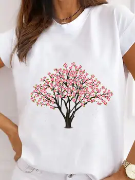 2023 Moda Ağacı Çiçek Grafik Kadın T-shirt Elbise Yaz Bayanlar Baskı Kısa Kollu T Gömlek Kadın Sevimli 90s Y2k Giysileri Üstleri