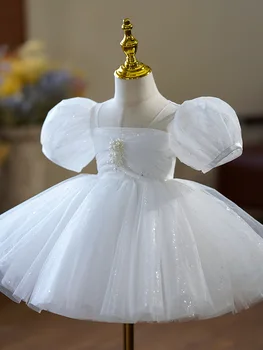 2023 Prenses Elbiseler Kızlar için Toddlers İlk Doğum Günü Beyaz Boncuk Balo Bebekler Vaftiz Elbise Çocuk Zarif Elbiseler