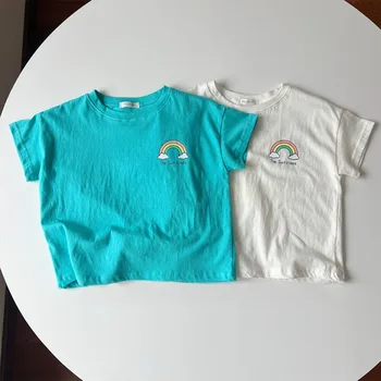 2023 Yaz Yeni Bebek Yürüyor Yumuşak Sevimli Gökkuşağı Baskı T-shirt Bebek Erkek Kız Moda Gevşek Pamuk Kısa Kollu Tees Casual En