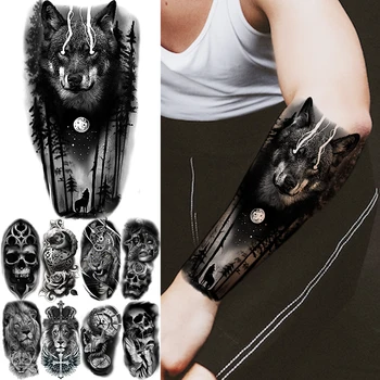 3D Siyah Kurt Önkol Orman Geçici Dövmeler Erkekler İçin Yetişkin Kafatası Aslan Pusula Melek Sahte Dövme Vücut Sanatı Yıkanabilir Dövmeler Kağıt