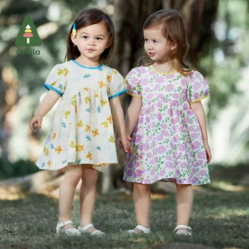 Amila Bebek Kız Elbise 2023 Yaz Yeni %100 % Pamuk Sevimli Pastoral Küçük Çiçek Yay Düğmesi Rahat Taze Yuvarlak Boyun Elbiseler 0-6Y
