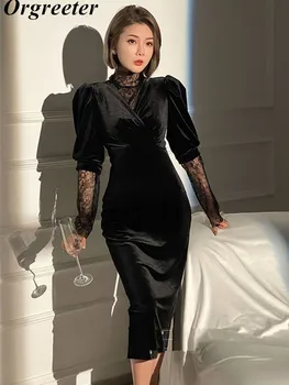 Banliyö Moda Katı Kadife Elbise 2 Parça Set Kadın Bahar Yeni Perspektif Dantel Gömlek +V Yaka Puf Kollu Midi elbise Toplulukları