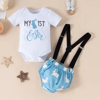 Bebek Bebek Erkek Kız Giyim Seti Mektup Baskılı Romper + Önlük Şort Bebek Kıyafet Suit Yenidoğan Bebek Giysileri 3 6 12 18 Ay