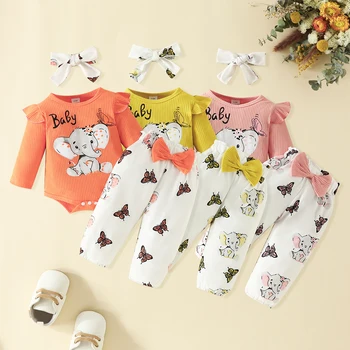 Bebek Bebek Kız 3 Adet Giyim Takım Elbise Sonbahar bahar uzun kollu elbise Fil Baskı Romper Pantolon Kafa Bandı Toddler Tulumlar Giyim