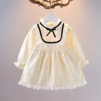 bebek kız elbise uzun kollu çiçek baskı dantel prenses parti doğum günü elbiseleri toddler kız giysileri bahar güz kıyafetler 0-4Yrs
