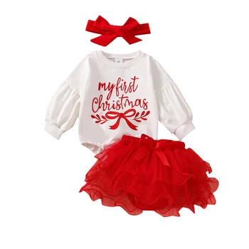 Bebek Yenidoğan Bebek Kız 3 Adet Noel Kıyafetleri, Uzun Kollu Romper + Tutu Etek Şort Hairband Seti Bahar Sonbahar