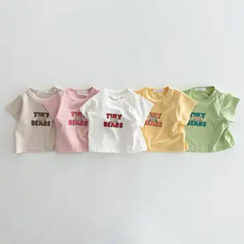 Bebek Şeker Renk T-shirt 2023 Yaz Yeni Mektup Moda Baskı Üstleri Kız Çocuklar Sevimli Giysiler Pamuk Yumuşak Rahat Tişörtleri