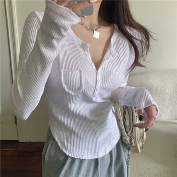 Beyaz Tişörtleri Ince Bel Dip V Boyun Kadınlar Uzun Kollu Tees Kısa Seksi Amerikan Katı Y2k Düğme Camisetas Moda