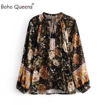 Boho Queens Mutlu Kadınlar Çiçek Baskılı Püskül Derin V Yaka Bluz Gömlek Batwing Kollu Gömlek Kadın Bohemian Blusas