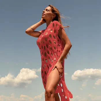 CHYXSB 2023 Yeni Örme Büyük yuvarlak Delik Hollow-out Kazak Tek Parça Bluz Tatil Rahat Plaj Bikini Etek Bluz