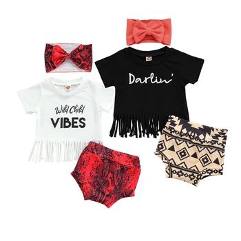 Citgeett Yaz 0-24M Yenidoğan Bebek Kız Sevimli Giyim Setleri 3 adet Mektup Kısa Kollu Püskül T Shirt Baskılı Şort saç bandı seti
