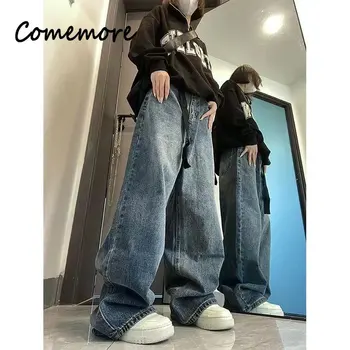 Comemore kadın Harajuku Femme Kot Koyu Mavi Kahverengi Yüksek Bel Streetwear Baggy Pantolon Kadın Pantolon Düz Geniş Bacak Pantolon