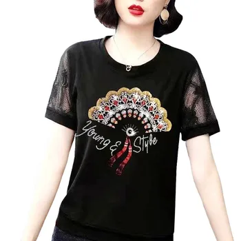 Dantel Fan Ve Gül Kısa Kollu Kadın Y2k Yeni Elmas İnce T Shirt Örgü Dikiş Siyah Orta Yaşlı Tees Tops Bayan yaz giysileri