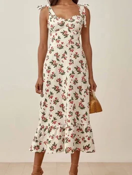 Dantel-up Çiçek Baskılı Midi Elbise Kadın Kolsuz Yüksek Bel A-line Ruffled Bayanlar Elbiseler Streetwear Vintage Kadınlar Vestidos