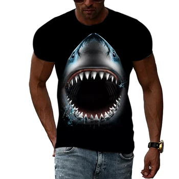 Dev Köpekbalığı Desen Eğlenceli Köpekbalığı erkek ve kadın T-shirt Rahat 3D Baskılı Kişilik Crewneck T-shirt Kısa Kollu Üst
