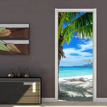 Duvar kağıdı Duvar Resimleri 3D Mavi Gökyüzü Beyaz Bulutlar Plaj Hindistan Cevizi Ağaçları duvar tablosu PVC Kendinden yapışkanlı Kapı Duvar Sticker Oturma Odası İçin
