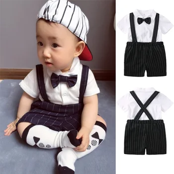 Essentials Beyefendi Erkek Bebek Giysileri 2 Parça Setleri Kravat Kısa Kollu Gömlek+Askı Şort Parti resmi kıyafet Yenidoğan İçin