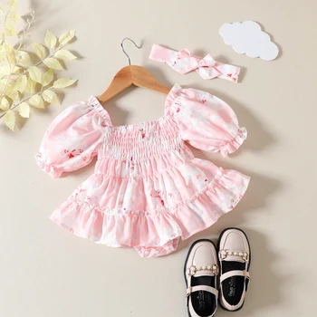 FOCUSNORM 2 Renk Bebek Bebek Kız Sevimli Romper Elbise 0-24M Kısa Puf Kollu Büzgülü Çiçekler Baskılı Tulumlar Kafa Bandı ile