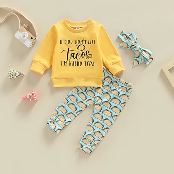 FOCUSNORM 3 adet Bebek Bebek Kız Giysileri Set Mektup Baskı Uzun Kollu T-shirt Pantolon Kafa Bandı Kıyafetler 0-24M