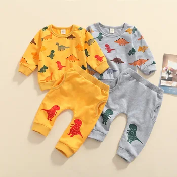 FOCUSNORM Sonbahar Rahat Bebek Erkek 2 adet Giyim Setleri 0-24 M Dinozor Baskı Uzun Kollu Kazak Tops Pantolon
