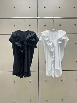 Fyıon Yüksek Kalite 2023 İlkbahar Yaz Kadın Moda Tasarımcısı Pist Kısa Kollu Beyaz / Siyah Ruffles V Yaka T-shirt Pamuk