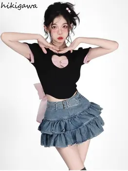 Harajuku T Shirt Kadın O-boyun Kısa Kollu Siyah Tees Hollow Out Yay Tatlı Kırpma Üstleri 2023 Ropa Mujer Moda yazlık t-shirt