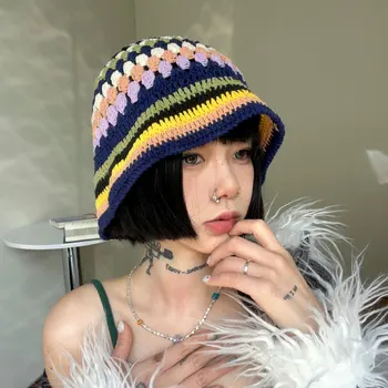 Ins Kore Çok Yönlü örgü şapkalar Kadınlar için Bahar ve Yaz Japon El Yapımı Tığ Balıkçı Kapaklar Gökkuşağı Şerit Kova Şapka
