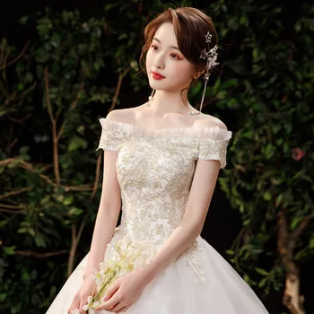 Işık düğün elbisesi 2023 Yeni Gelin Zayıflama Mizaç off-Omuz Kat Uzunlukta Mori Rüya Gibi Süper Peri Petite Düğün Vei