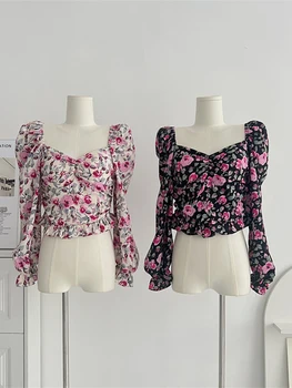 İlkbahar Yaz Kadın Parlama Kollu Gömlek Vintage Kare Yaka Çiçek Bluzlar Klasik Kore Moda Estetik Zarif Tasarım