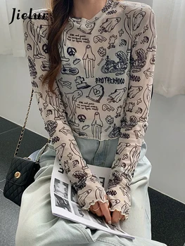 Jielur Kore Tarzı Uzun Kollu Örgü T-Shirt Kadın Komik sanat baskı See Through Tshirt Kat Tasarım Kırpma Üstleri Seksi Streetwear