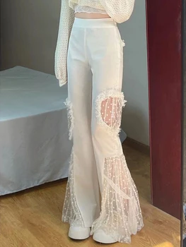 Jmprs Japonya Patchwork Dantel Kadın Pantolon Yüksek Bel Örgü Yaz Beyaz Tasarlanmış Hollow Out Flare