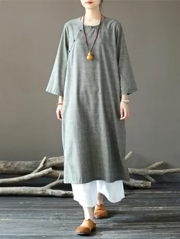 Johnature Kadın Çin Tarzı Elbise Ekose O-boyun 2023 Bahar Yeni Uzun Kollu A-Line Vintage kadın kıyafetleri Kadın Düğme Elbise