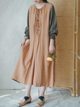 Johnature Kadınlar Vintage Patchwork Renk Elbiseler O-boyun Uzun Kollu Karışımı Elbiseler 2023 Sonbahar Yeni Gevşek kadın elbisesi