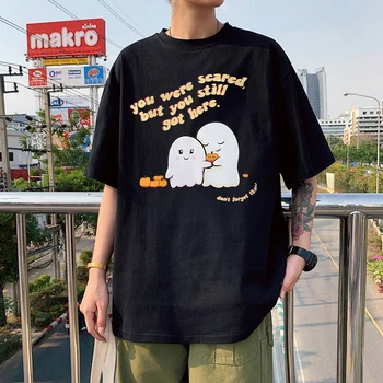 Kadın Moda Sevimli Hayalet Karikatür T-shirt Erkek Kız Büyük Boy Streetwear Giyim Yaz Siyah Pamuk Kısa Kollu T Shirt