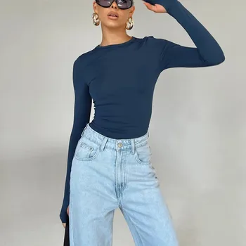 Kadın T Shirt Kırpma Üst Uzun Kollu 2023 İlkbahar Yaz moda kıyafet İnce Temel Tişörtleri Y2k Casual Streetwear Tee Gömlek Dropship