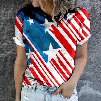 Kadın t shirt Kısa Kollu Yuvarlak Boyun ABD Bağımsızlık Günü 4 Temmuz Bayrağı Üst Kadın Gevşek Vatansever T-shirt