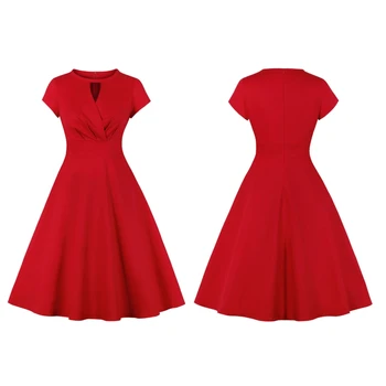 Kadınlar Vintage Retro Kısa Kollu Düz Renk Kırmızı Kokteyl Parti askı elbise Dantelli Wrap Ön Anahtar Deliği V Yaka İmparatorluğu Bel N7YF
