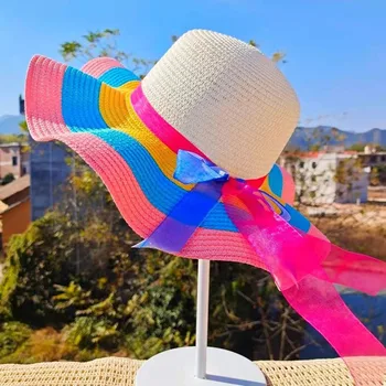 Katlanabilir Gökkuşağı Çizgili Tel Kenarlı Büyük Kenarlı Hasır Şapkalar plaj şapkaları yazlık şapkalar Güneşlik