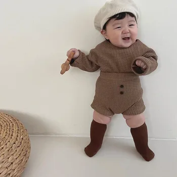 Kore Tarzı Bebek Bebek Erkek Kız Elbise Takım Elbise Waffle Uzun Kollu T-shirt + Şort Bahar Sonbahar Bebek Erkek Kız Giyim Seti