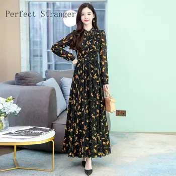 Kore Vintage Çiçek Baskılı Maxi Elbise İlkbahar Sonbahar Siyah Rahat Plaj Elbise 2023 Kadın Parti Bodycon Uzun Kollu Vestidos