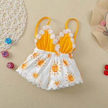 Kore Yaz Bebek Kız Tulum Toddler Tulumlar Yenidoğan Kız Baskılı Kolsuz Bebek Romper Dantel Çiçek Bebek Çocuk Giysileri