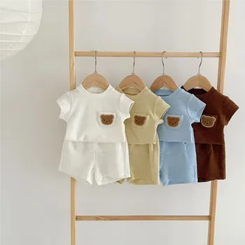 Kore Yeni Yaz Bebek Bebek Kız 2 adet Giysi Set Katı Muslin Ayı Waffle Kısa Kollu Üst Şort Eşofman Yürümeye Başlayan Kıyafetler