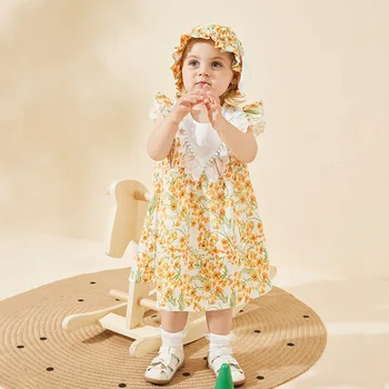Kızlar çiçek elbise yaz batılılaşmış baskı turuncu çocuk giyim prenses elbiseler tatlı ve şık bebek giysileri
