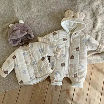 Kış Sıcak Bebek Romper Mercan Polar Karikatür Ayı Kapşonlu Erkek Kız Yenidoğan Bebek Tulum Giysileri Yumuşak Pijama Tulum