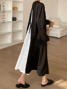 LANMREM Kore Tasarımcı Elbise Kadınlar İçin Yuvarlak Boyun Uzun Kollu Patchwork Kontrast Renk A-line Elbiseler Kadın Giysileri 2YA2310