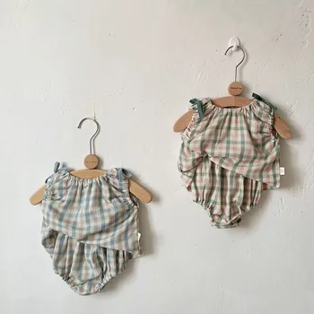 LILIGIRL Yaz Bebek Giyim Seti Ekose Tişört ve Gaf Kız Giyim Seti 2023